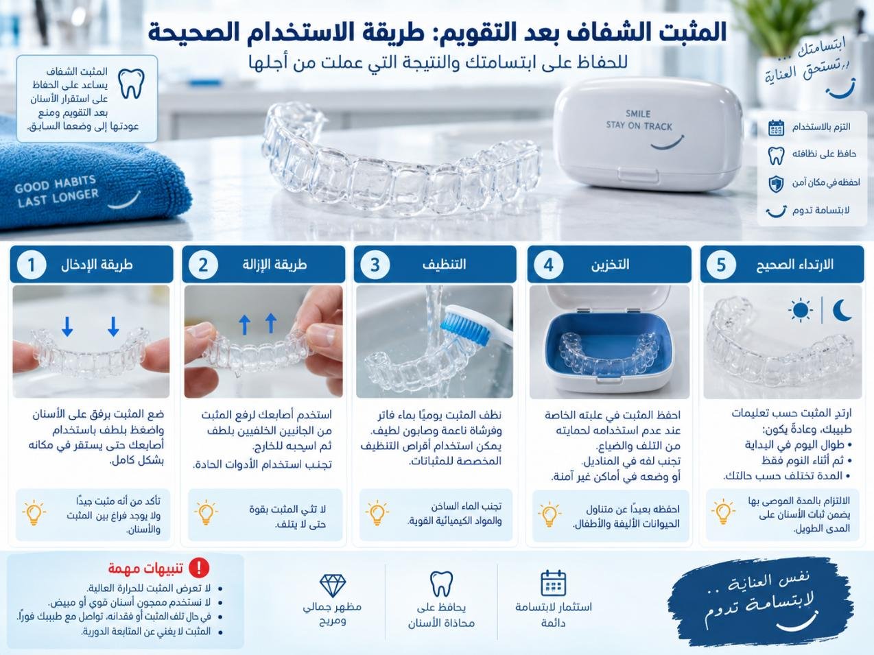 المثبت الشفاف بعد التقويم: طريقة الاستخدام الصحيحة