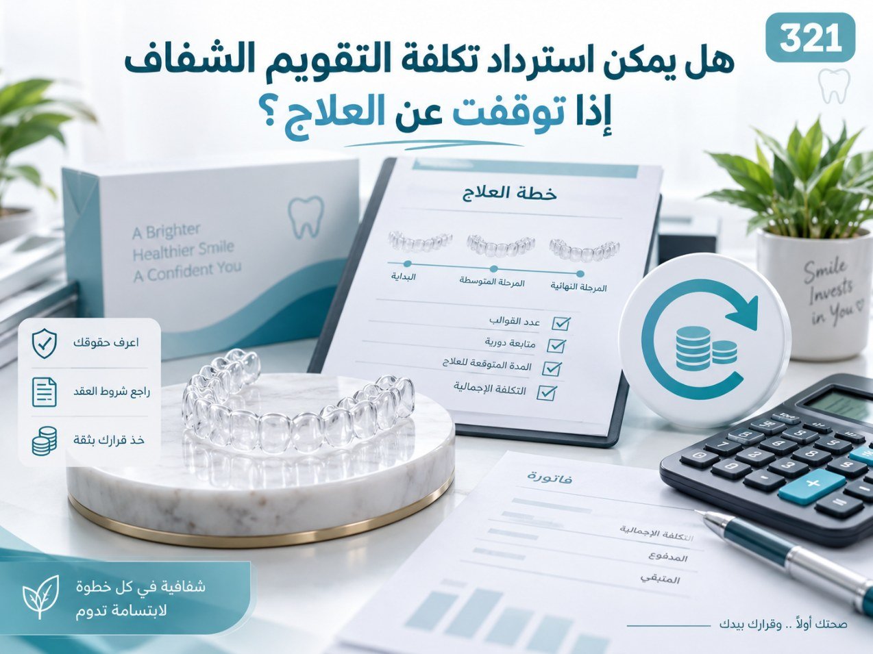هل يمكن استرداد تكلفة التقويم الشفاف إذا توقفت عن العلاج؟