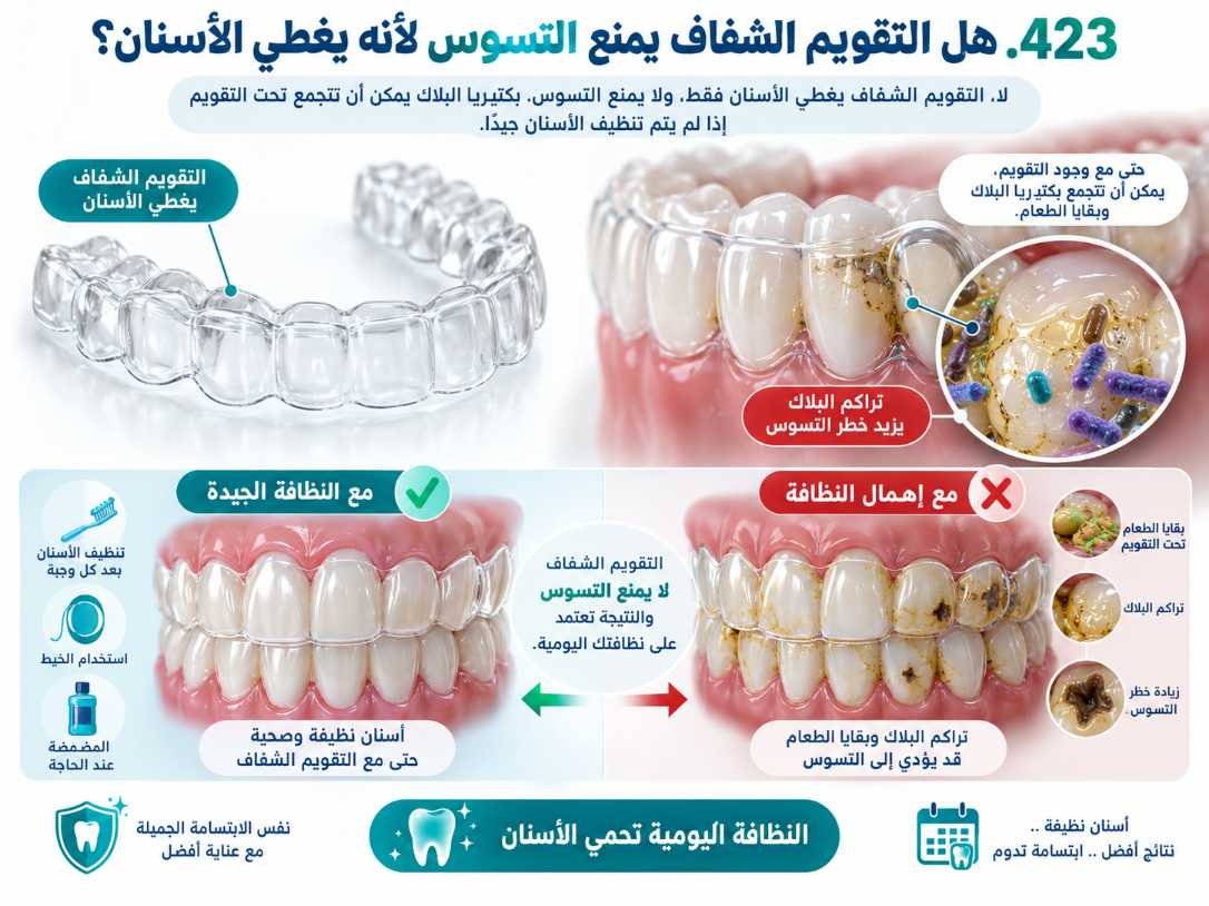 هل التقويم الشفاف يمنع التسوس لأنه يغطي الأسنان؟